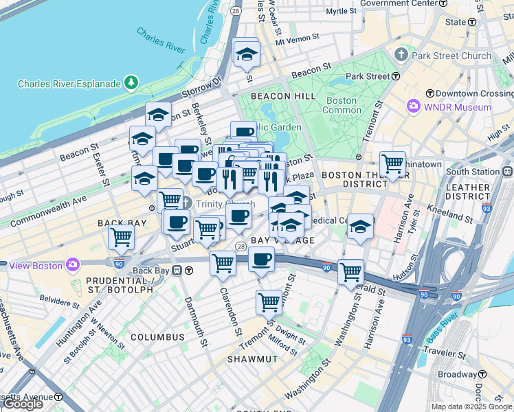 map of restaurants, bars, coffee shops, grocery stores, and more near 10 Saint James Avenue in Boston