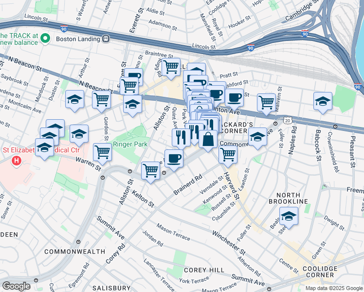 map of restaurants, bars, coffee shops, grocery stores, and more near 10-14 Park Vale Avenue in Boston