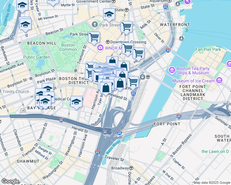 map of restaurants, bars, coffee shops, grocery stores, and more near 179 Lincoln Street in Boston