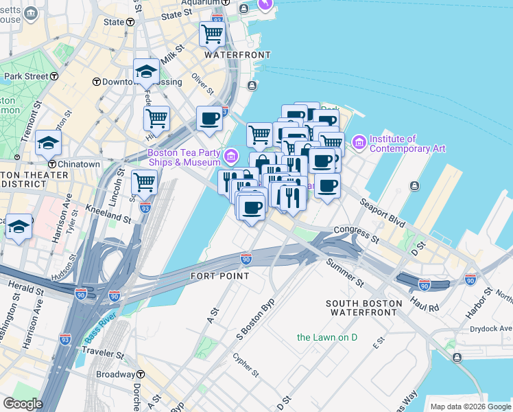 map of restaurants, bars, coffee shops, grocery stores, and more near 338 Congress Street in Boston