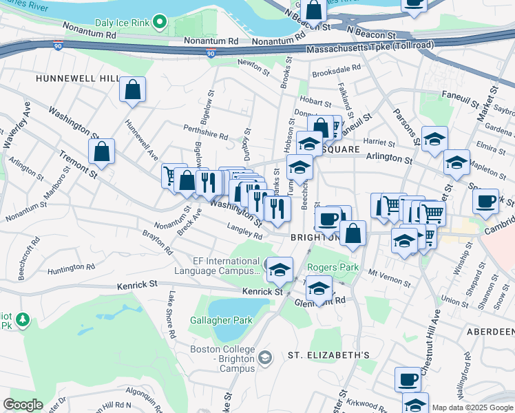 map of restaurants, bars, coffee shops, grocery stores, and more near 14 Oak Square Avenue in Boston