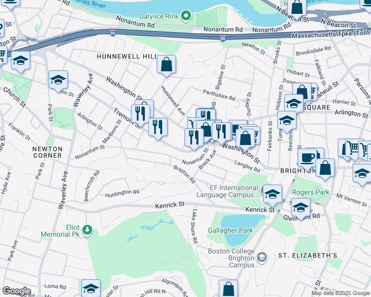 map of restaurants, bars, coffee shops, grocery stores, and more near 11 Tip Top Street in Boston