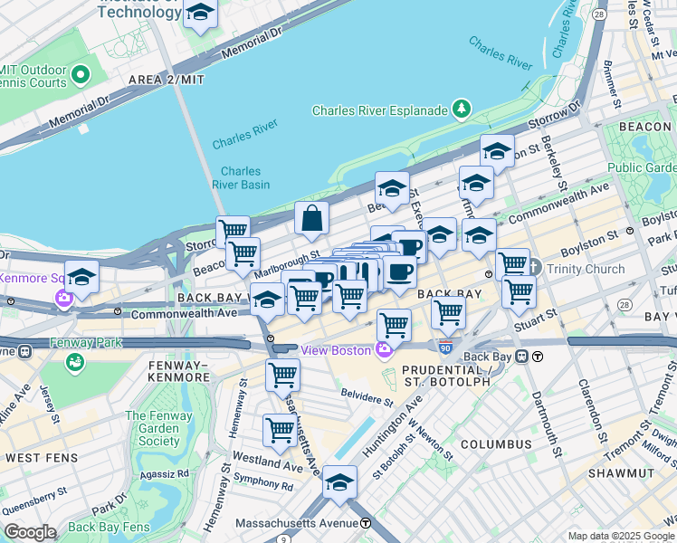 map of restaurants, bars, coffee shops, grocery stores, and more near Commonwealth Avenue & Gloucester St in Boston