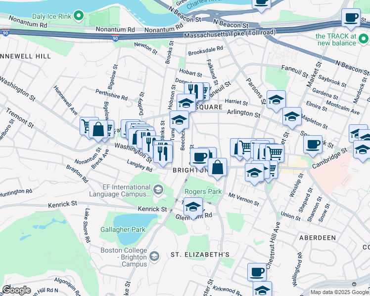 map of restaurants, bars, coffee shops, grocery stores, and more near 50 Beechcroft Street in Boston