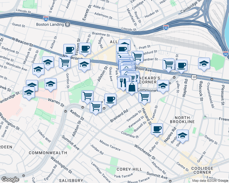 map of restaurants, bars, coffee shops, grocery stores, and more near 10-14 Park Vale Avenue in Boston