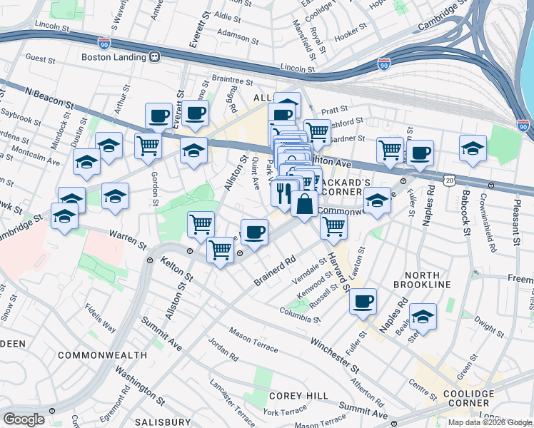 map of restaurants, bars, coffee shops, grocery stores, and more near 10-14 Park Vale Avenue in Boston
