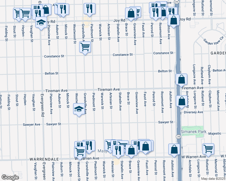 map of restaurants, bars, coffee shops, grocery stores, and more near 8027 Artesian Street in Detroit