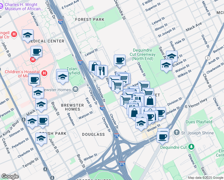 map of restaurants, bars, coffee shops, grocery stores, and more near Rivard Street in Detroit