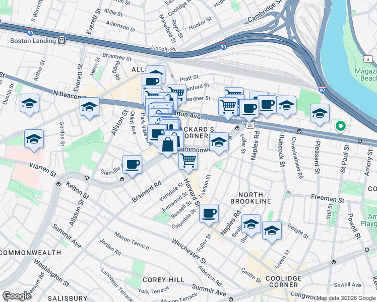 map of restaurants, bars, coffee shops, grocery stores, and more near 1197 Commonwealth Avenue in Boston