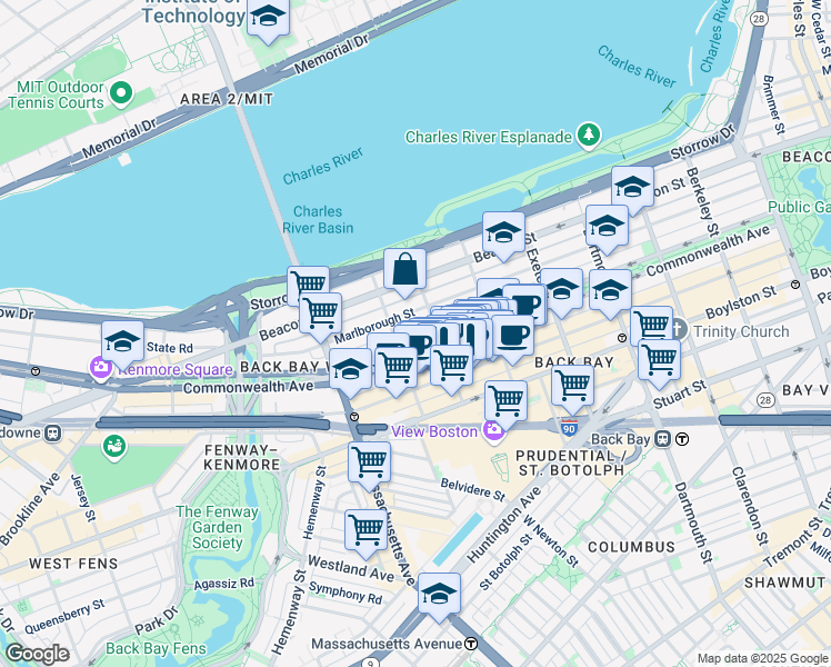 map of restaurants, bars, coffee shops, grocery stores, and more near 11 Gloucester Street in Boston