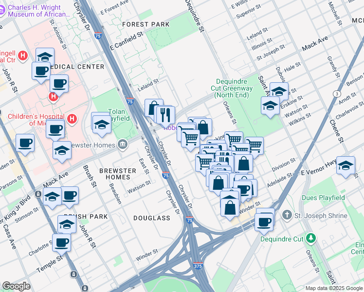 map of restaurants, bars, coffee shops, grocery stores, and more near Rivard Street in Detroit