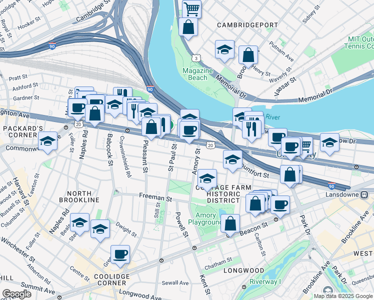 map of restaurants, bars, coffee shops, grocery stores, and more near 884 Commonwealth Avenue in Brookline