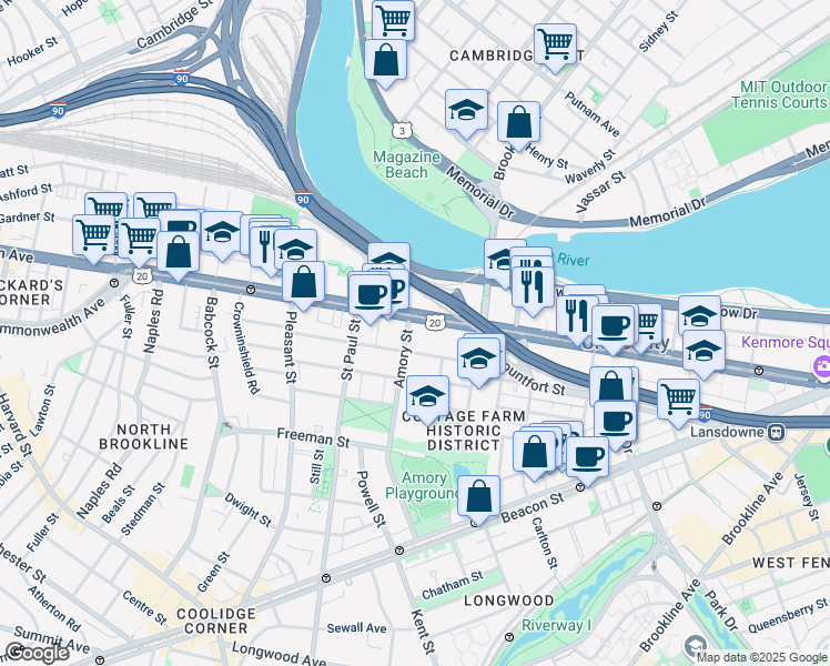 map of restaurants, bars, coffee shops, grocery stores, and more near 179 Amory Street in Brookline