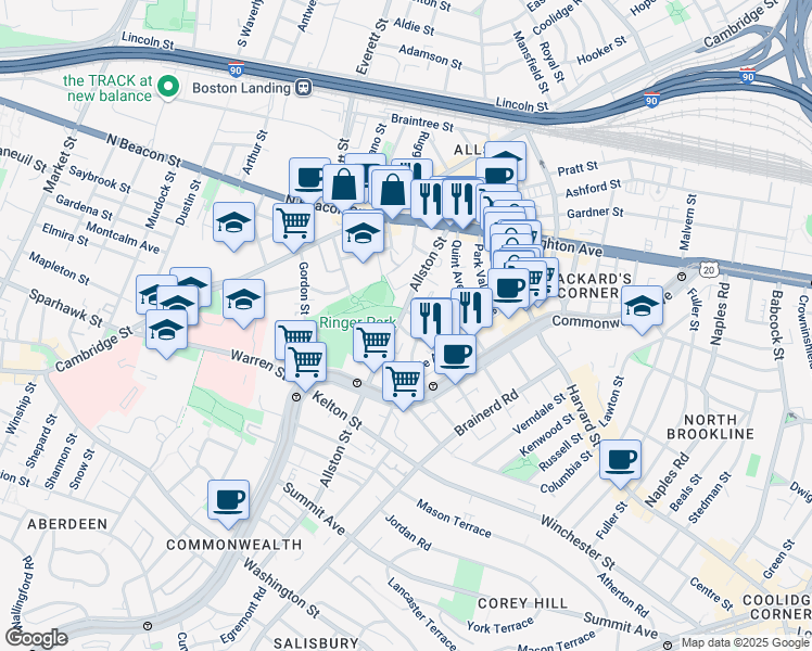 map of restaurants, bars, coffee shops, grocery stores, and more near 68 Allston Street in Boston