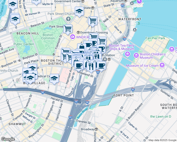 map of restaurants, bars, coffee shops, grocery stores, and more near 7-27 Utica Street in Boston