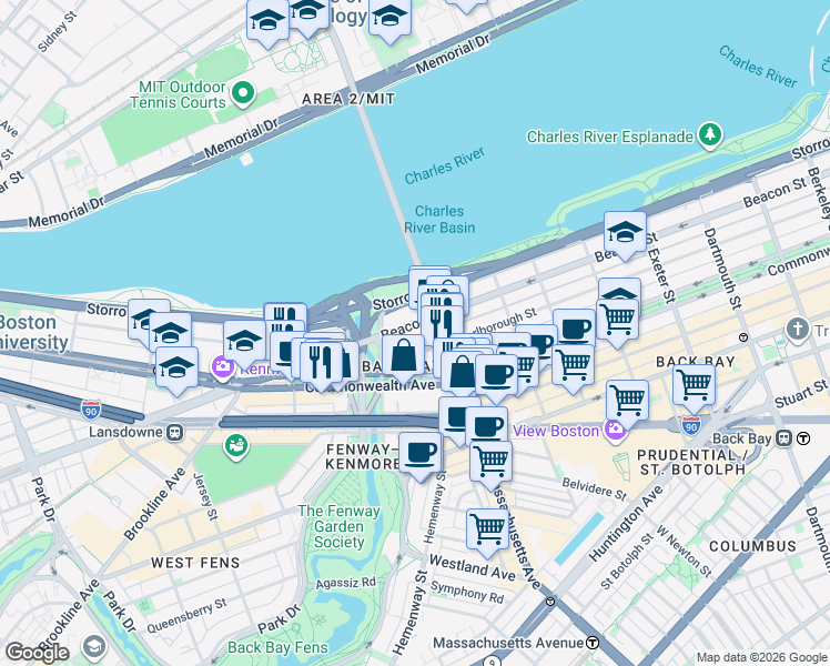 map of restaurants, bars, coffee shops, grocery stores, and more near 511 Beacon Street in Boston