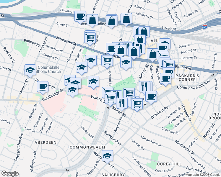 map of restaurants, bars, coffee shops, grocery stores, and more near 59 Gordon Street in Boston