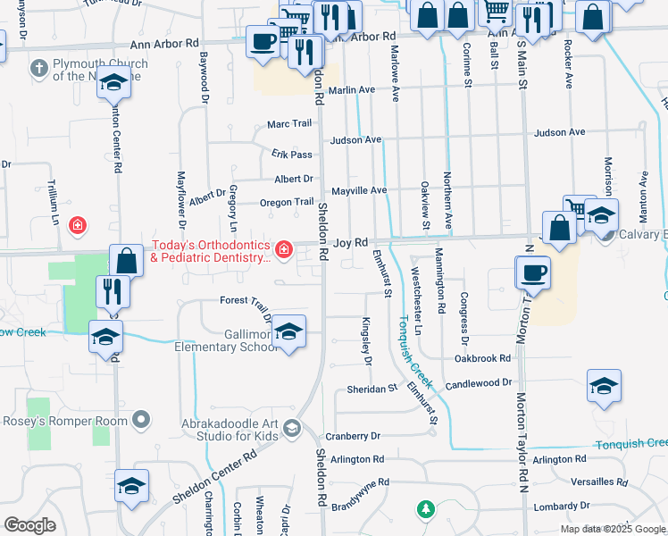 map of restaurants, bars, coffee shops, grocery stores, and more near 8700 Columbia Circle in Canton