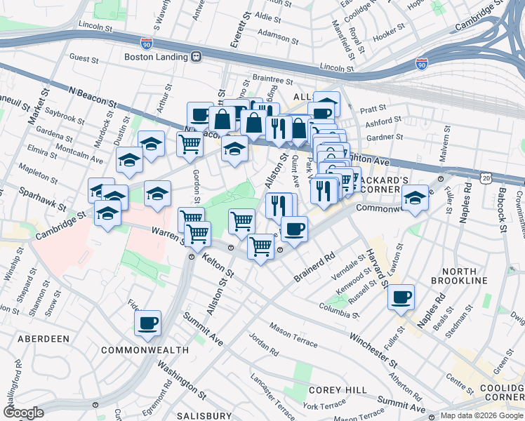 map of restaurants, bars, coffee shops, grocery stores, and more near 47 Long Avenue in Boston
