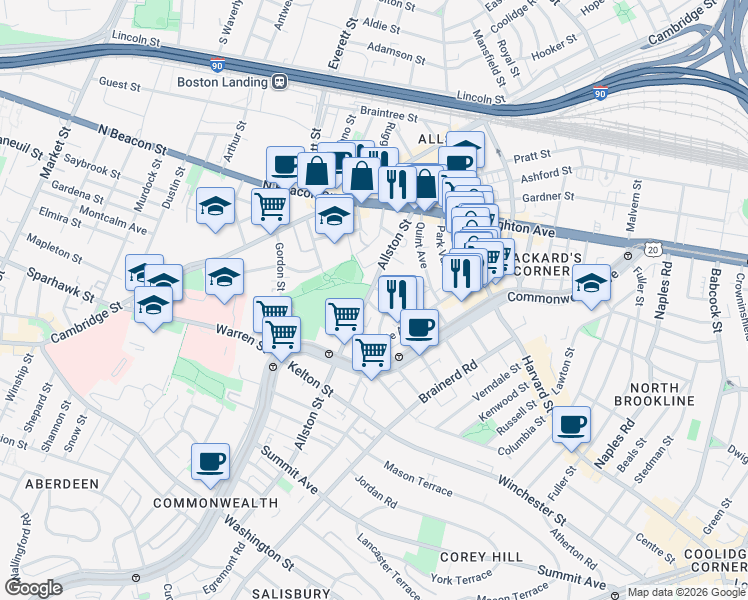 map of restaurants, bars, coffee shops, grocery stores, and more near 41 Long Avenue in Boston