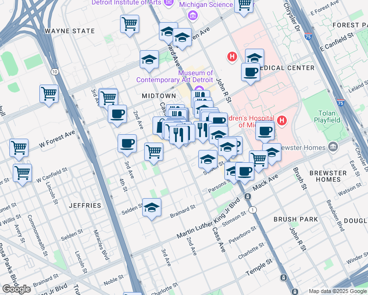 map of restaurants, bars, coffee shops, grocery stores, and more near 115 West Willis Street in Detroit
