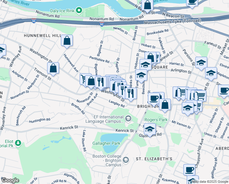 map of restaurants, bars, coffee shops, grocery stores, and more near 25-27 Montfern Avenue in Boston