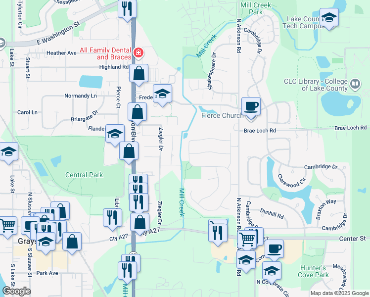 map of restaurants, bars, coffee shops, grocery stores, and more near 665 Swan Drive in Grayslake