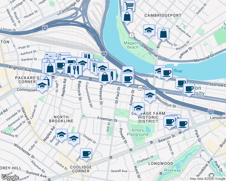 map of restaurants, bars, coffee shops, grocery stores, and more near 915 Commonwealth Avenue in Boston