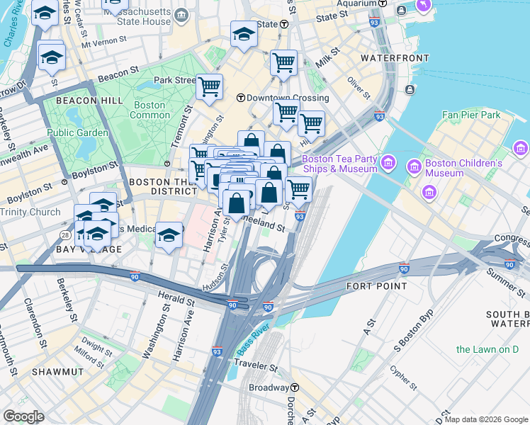 map of restaurants, bars, coffee shops, grocery stores, and more near 179 Lincoln Street in Boston