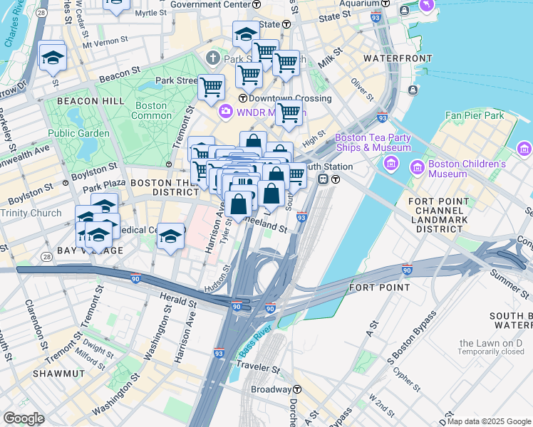 map of restaurants, bars, coffee shops, grocery stores, and more near 179 Lincoln Street in Boston