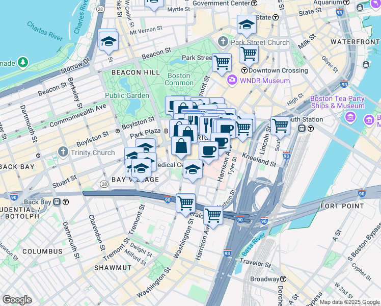 map of restaurants, bars, coffee shops, grocery stores, and more near 252-272 Tremont Street in Boston