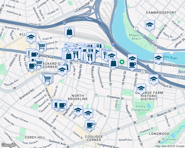 map of restaurants, bars, coffee shops, grocery stores, and more near 973 U.S. 20 in Boston
