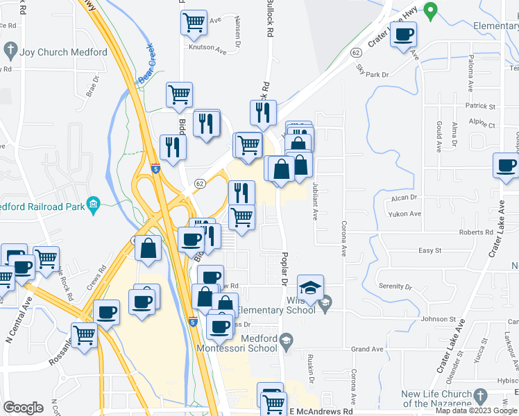 map of restaurants, bars, coffee shops, grocery stores, and more near 2173 Poplar Drive in Medford