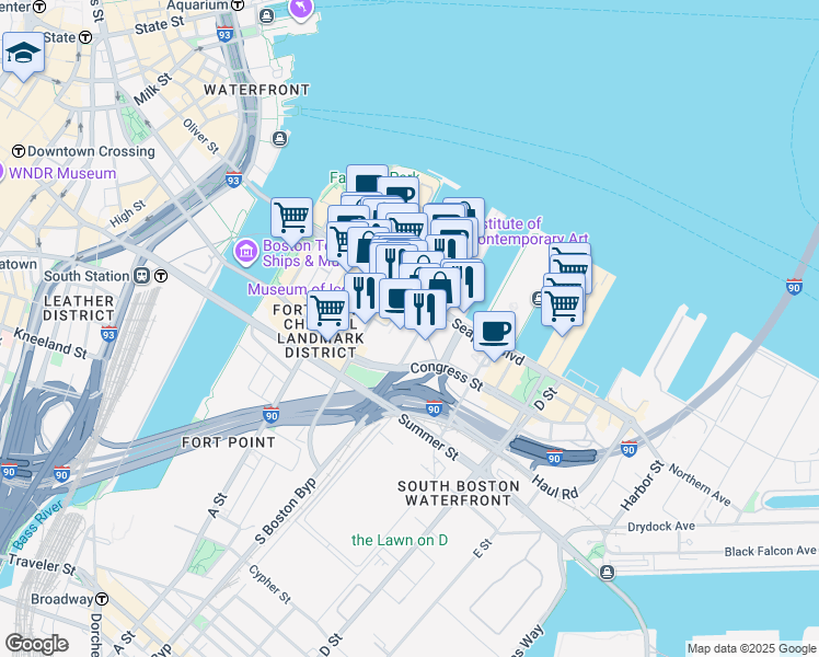 map of restaurants, bars, coffee shops, grocery stores, and more near 121 Seaport Boulevard in Boston
