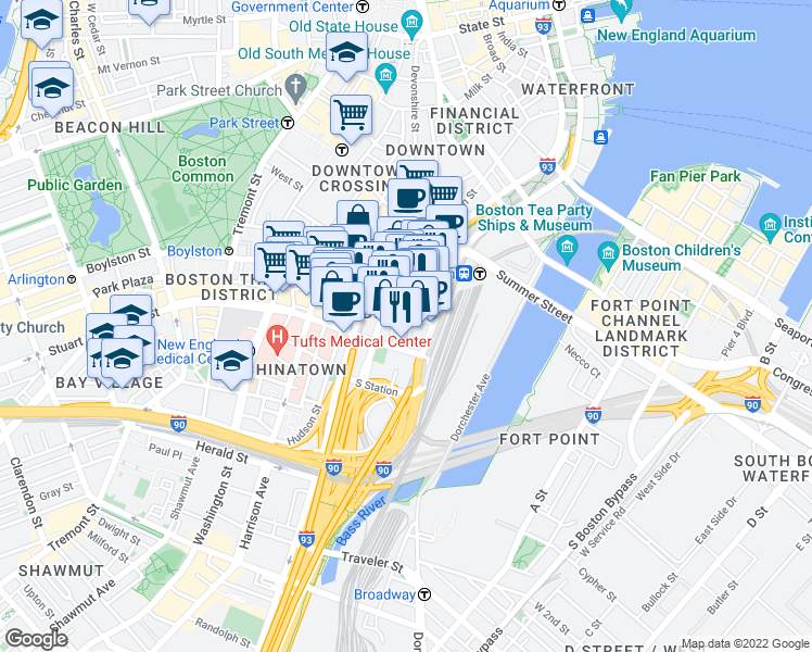 map of restaurants, bars, coffee shops, grocery stores, and more near in Boston