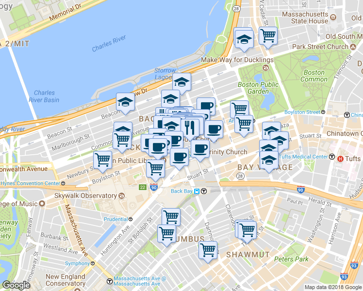 map of restaurants, bars, coffee shops, grocery stores, and more near in Boston