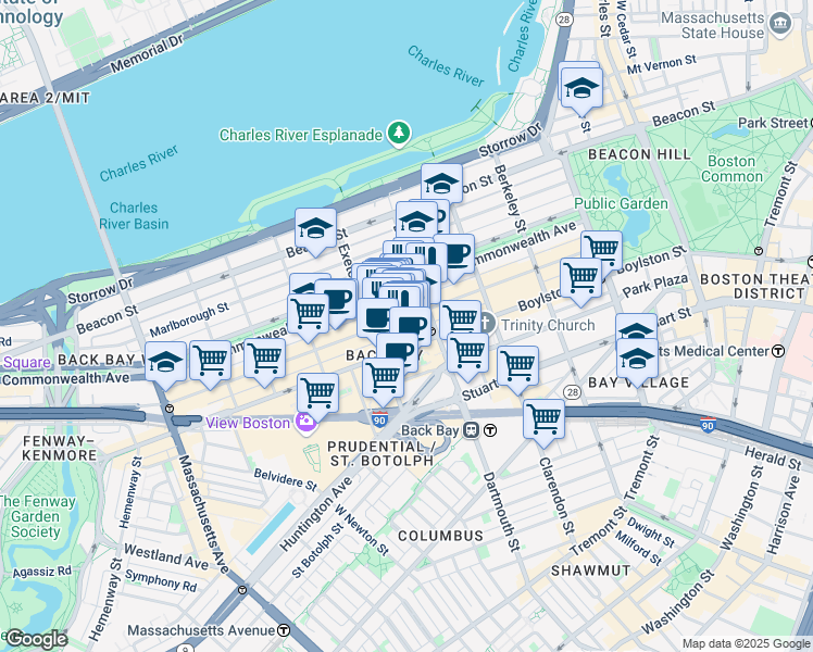 map of restaurants, bars, coffee shops, grocery stores, and more near 176 Newbury Street in Boston