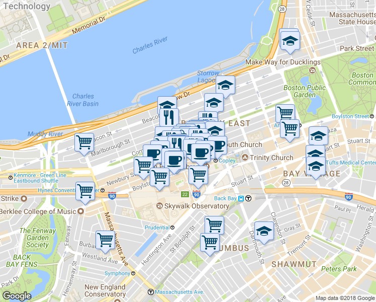 map of restaurants, bars, coffee shops, grocery stores, and more near 25 Exeter Street in Boston