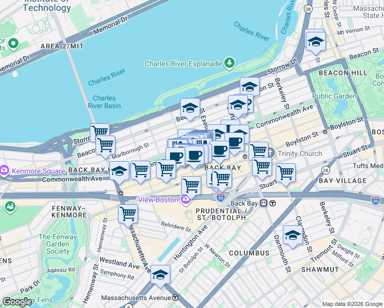 map of restaurants, bars, coffee shops, grocery stores, and more near 225 Commonwealth Avenue in Boston