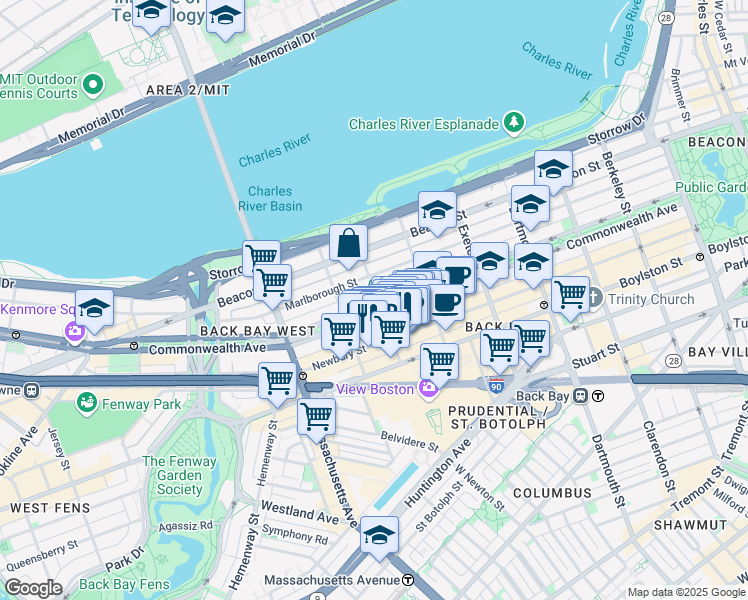 map of restaurants, bars, coffee shops, grocery stores, and more near 11 Gloucester Street in Boston