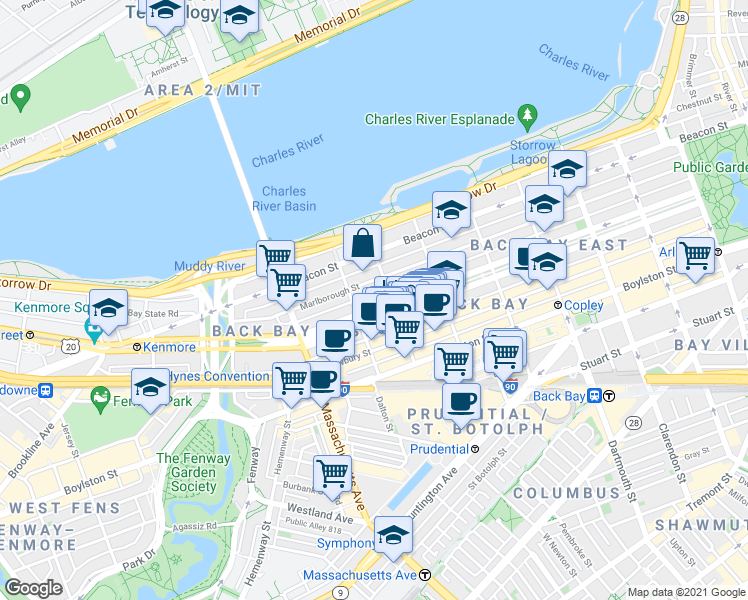 map of restaurants, bars, coffee shops, grocery stores, and more near 11 Gloucester Street in Boston