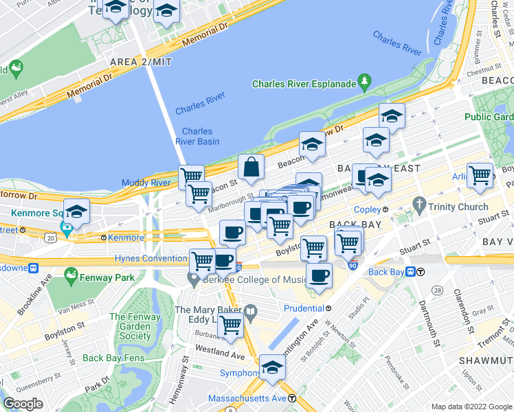 map of restaurants, bars, coffee shops, grocery stores, and more near 11 Gloucester Street in Boston