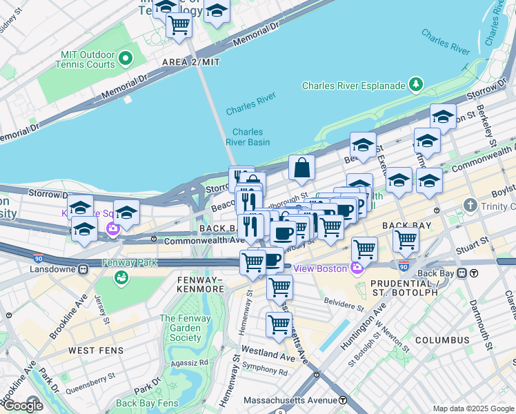 map of restaurants, bars, coffee shops, grocery stores, and more near 457 Beacon Street in Boston