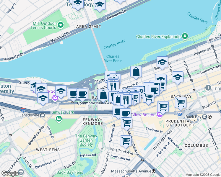 map of restaurants, bars, coffee shops, grocery stores, and more near 559 Massachusetts 2A in Boston