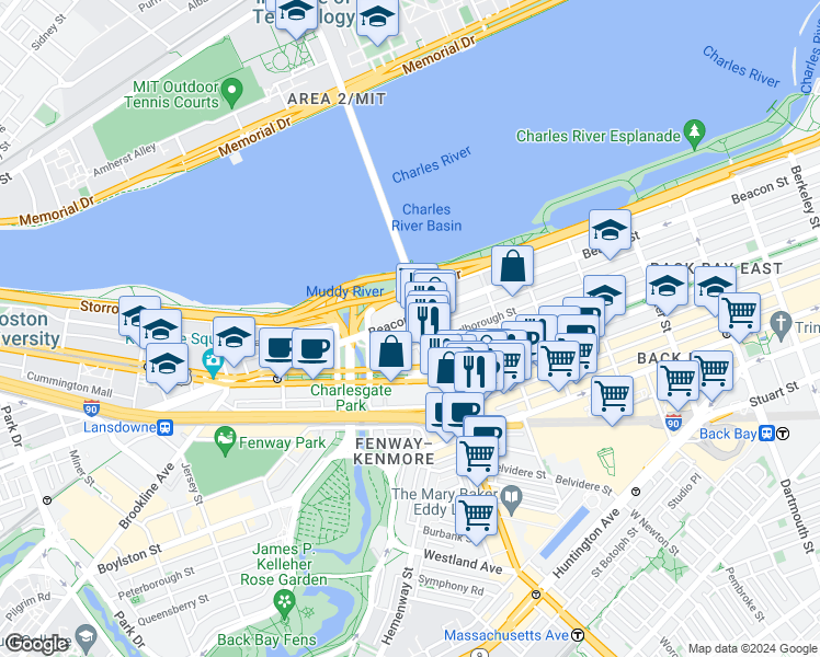 map of restaurants, bars, coffee shops, grocery stores, and more near 559 Massachusetts 2A in Boston