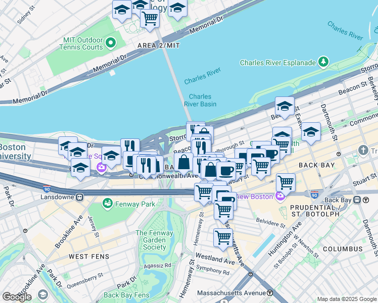 map of restaurants, bars, coffee shops, grocery stores, and more near 526 Beacon Street in Boston