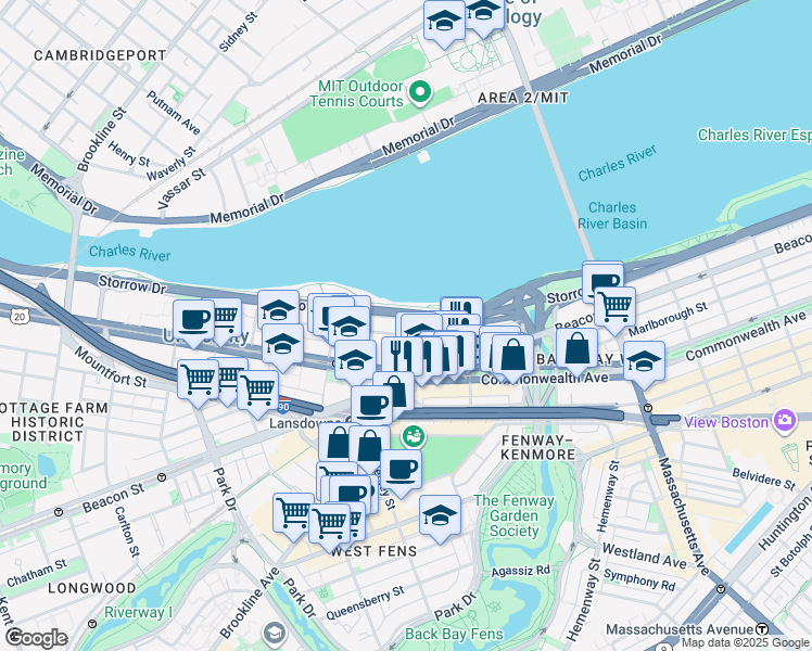 map of restaurants, bars, coffee shops, grocery stores, and more near 91 Bay State Road in Boston