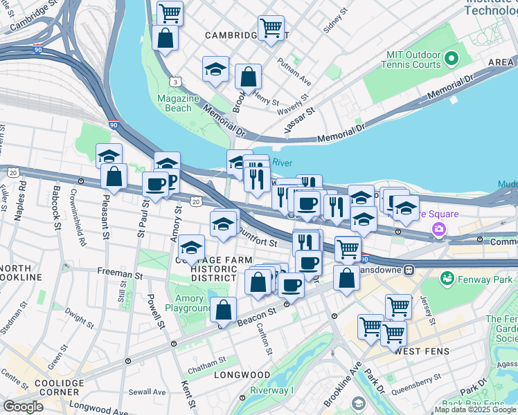 map of restaurants, bars, coffee shops, grocery stores, and more near in Boston
