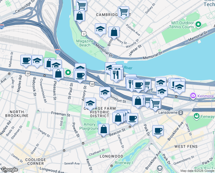 map of restaurants, bars, coffee shops, grocery stores, and more near 795 Massachusetts 2 in Brookline