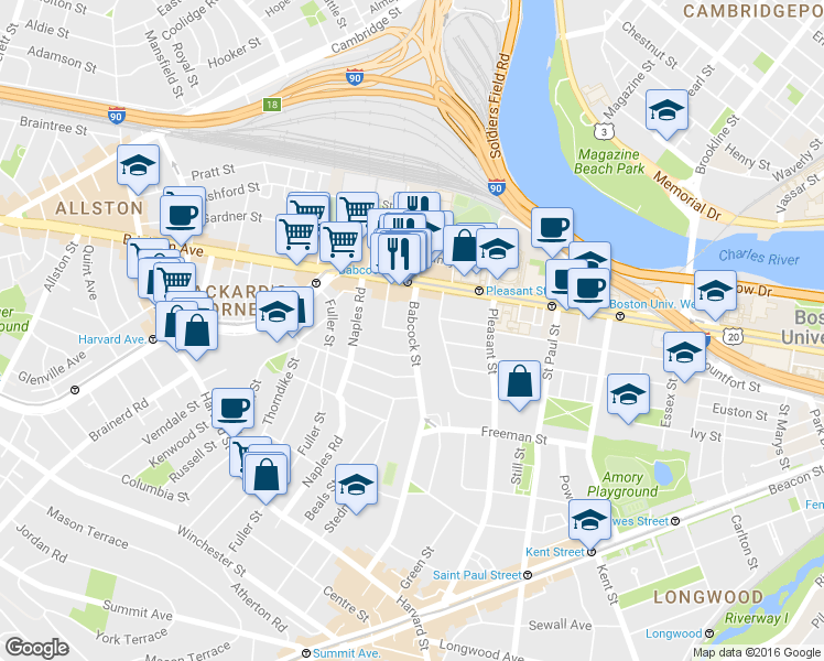 map of restaurants, bars, coffee shops, grocery stores, and more near 973 U.S. 20 in Boston
